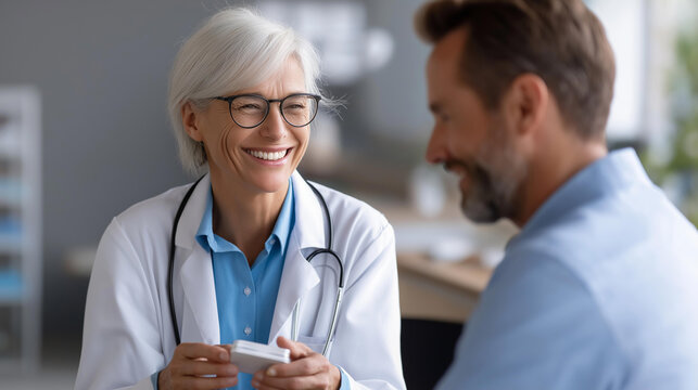 Doctor explaining eye anatomy to a patient during a vision health ophthalmology consultation, medical education and optometry exam concept, defocused background, with copy space