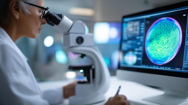 Tomography and ophthalmology eye exam with a doctor for vision healthcare and screening test, retina picture and medical results concept, defocused background, with copy space