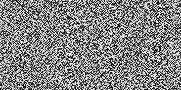Turing reaction diffusion monochrome seamless pattern with chaotic motion. Overlay template abstract turing organic wallpaper. Natural maze labyrinth, reaction diffusion seamless vector pattern. 
