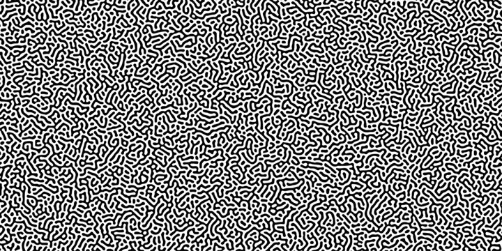 Turing reaction diffusion monochrome seamless pattern with chaotic motion. Overlay template abstract turing organic wallpaper. Natural maze labyrinth, reaction diffusion seamless vector pattern. 