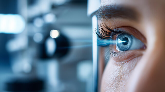 Close-up of a human eye during retinal diagnostics scanning in ophthalmology, eye examination and healthcare concept, defocused background, with copy space