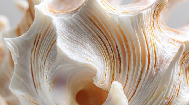 Extreme macro of seashell internal skeleton structure, visible natural growth lines and translucent layers, isolated on white background, high