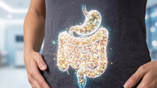 Gut health concept for digestion and microbiome, featuring intestine and stomach anatomy with gastrointestinal abdomen digestive system wellness nutrition diet, probiotic bacteria and fiber support