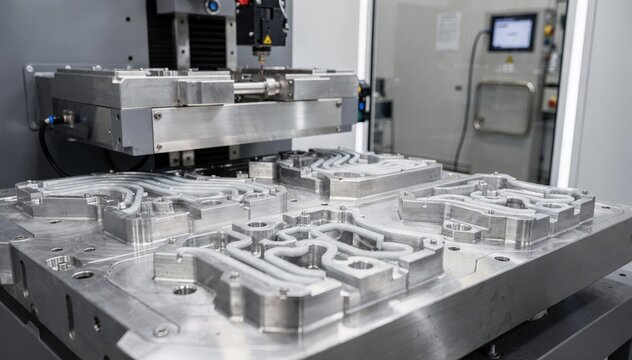 Additive manufacturing process creating hybrid mold components combining metal and polymer materials highlighting innovative conformal cooling designs in a production setting.