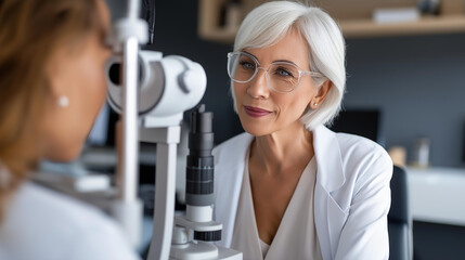Fototapeta premium Female ophthalmologist examining a senior woman's eyes with a slit lamp in a modern ophthalmology clinic, professional eye care concept, defocused background, with copy space