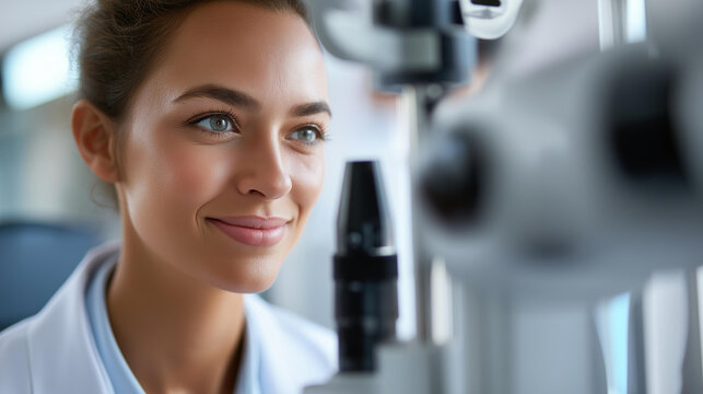 Young woman being diagnosed with eye pressure on specialized ophthalmological equipment, intraocular pressure check and eye health concept, defocused background, with copy space