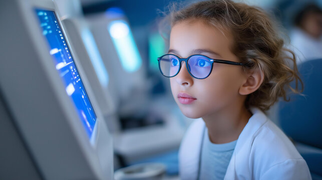 OCT eye scan imaging at an ophthalmology clinic with a girl undergoing a retina exam using an optical coherence tomograph, diagnostic concept, defocused background, with copy space