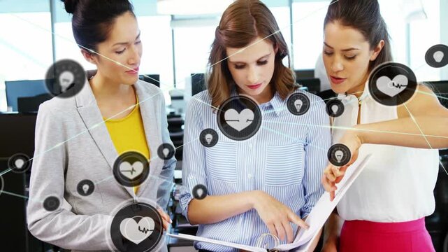 Center woman tapping binder sparking heart idea pin icons forming net team mapping business ideas