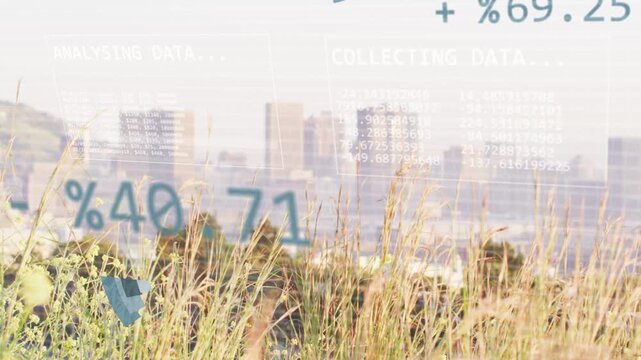 3D pie slice descending into grasses, initiating analytics, forming rotating charts and waveform