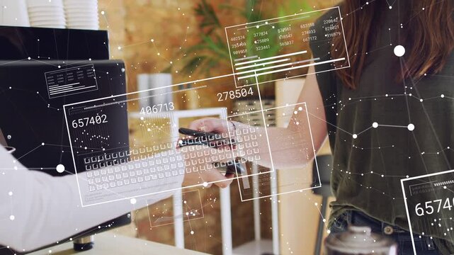 Barista extending card reader, customer tapping phone, HUD updating, completing contactless payment