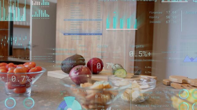 Kitchen counter showing cherry tomatoes avocados sliced cucumber and animated live data overlays