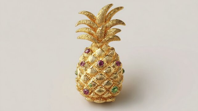 Luxury brooch inspired by pineapple, textured gold surface with gemstone details, studio lighting, clean background, high detail, tropical jewelry