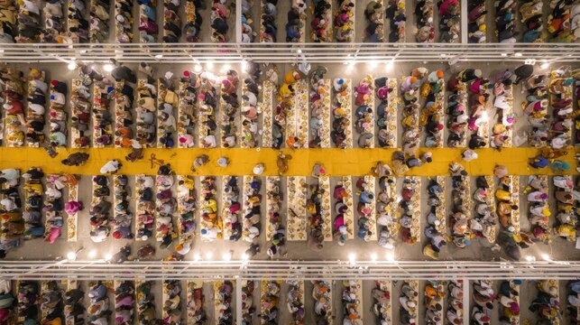 Aerial view of a langar hall (community kitchen) during Vaisakhi, long rows of people sitting on the floor eating together