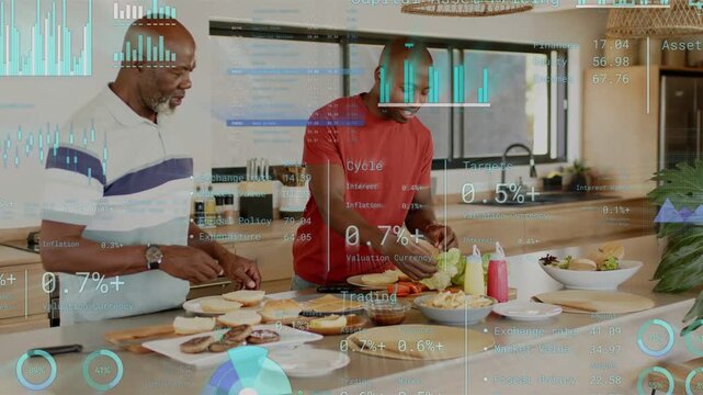 Father and son adding food, plating dishes to serve at island financial charts overlaying counter