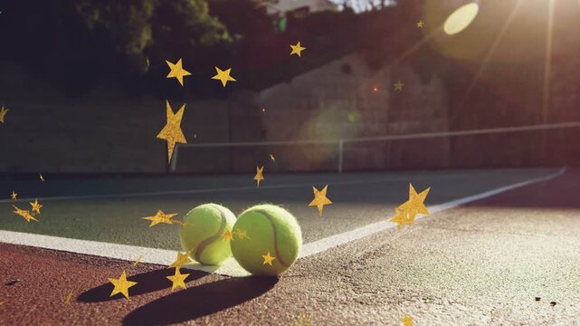 Gold stars drifting, nudging rear ball forward while two balls shifting, sun showing court grain