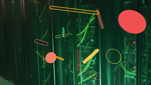 Vertical video: Orange orb popping, starting rack, green cabling, shapes fanning to show data flow