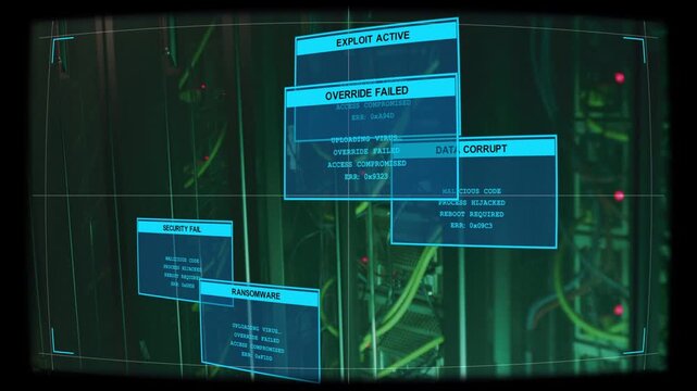 Single blue HUD window appearing, server rack showing stacked alerts sliding, signaling breach