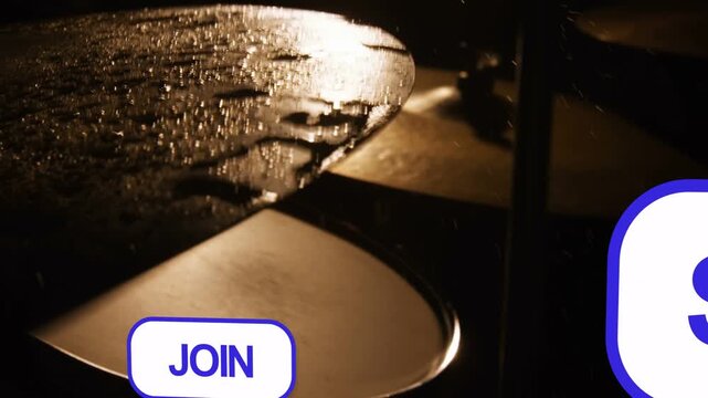 Music graphic sliding in, cymbals vibrating in amber, droplets lifting and driving CTAs stacking