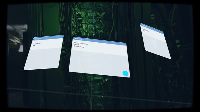Sequence starting, three floating UIs rotating and aligning over network rack showing online 1%