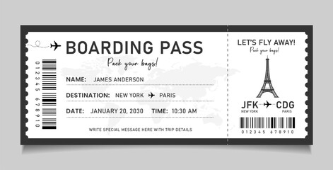 Airline ticket design, Travel flight boarding pass template. Vintage style plane ticket invitation © StarTemplate