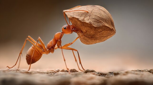 Macro shot of ant carrying large food piece, detailed body texture, ground surface visible, shallow depth of field, high detail, concept of strength