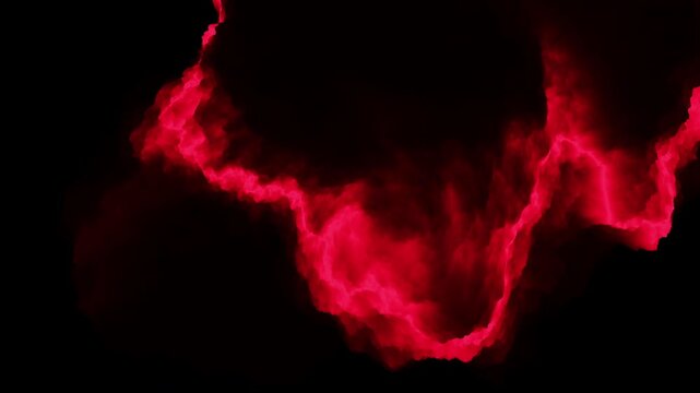 Abstract red glowing smoke and plasma cloud swirls across a dark black background, creating a dramatic energy effect for sci fi, technology, and motion design projects