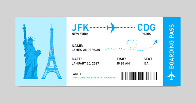 Airline ticket, Boarding pass surprise trip. Event invitations, Gift vouchers, Tourism promotions, Holiday surprise ticket