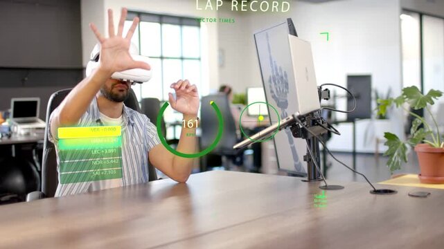 Man with VR headset raising hands toward HUD in tech office indicator updating lap timing telemetry