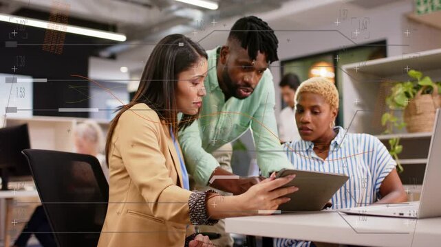Woman holding tablet showing while man pointing and peer comparing on phone, business chart syncing