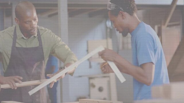 Mentor lifting plank guiding junior measuring sanding in carpentry for fit with animated guides