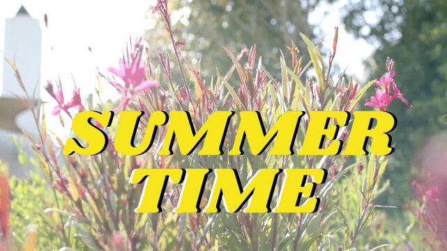 Camera pushing forward SUMMER TIME text centered pink blooms passing under sun flare for marketing