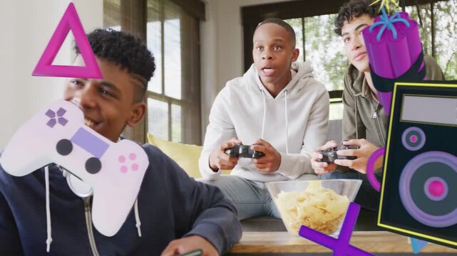 3 teen boys tapping smartphone for game, holding controllers at home, gaming overlays showing faces