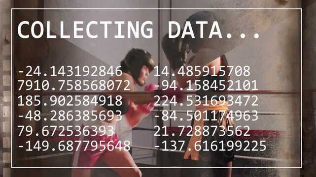 Two female boxers sparring in boxing ring, data overlay appearing and updating training metrics