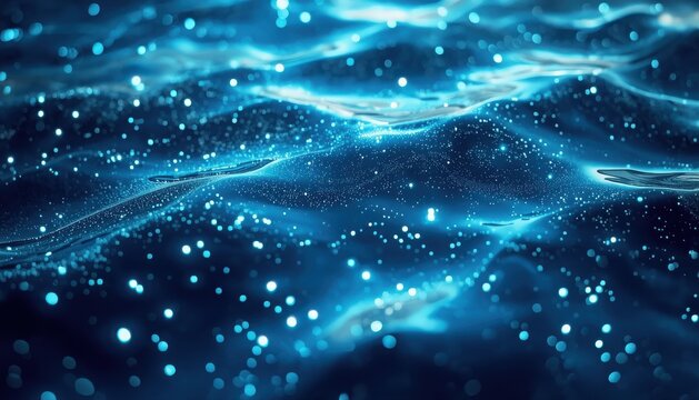 Abstract shimmering waves of deep blue water with bright glowing particles abstract background water texture liquid surface light effect
