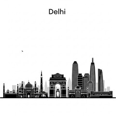 Naklejka premium A black and white vector graphic illustration of the Delhi city skyline featuring iconic landmarks and modern buildings