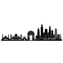 Obraz premium A black and white vector graphic illustration of the New Delhi city skyline, featuring iconic landmarks like the Taj Mahal and modern skyscrapers.