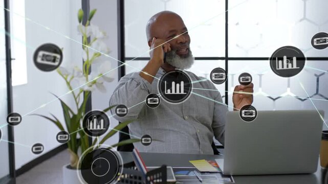 Lead speaking gesturing causing nodes overlaying laptop, ending call tapping phone for analytics