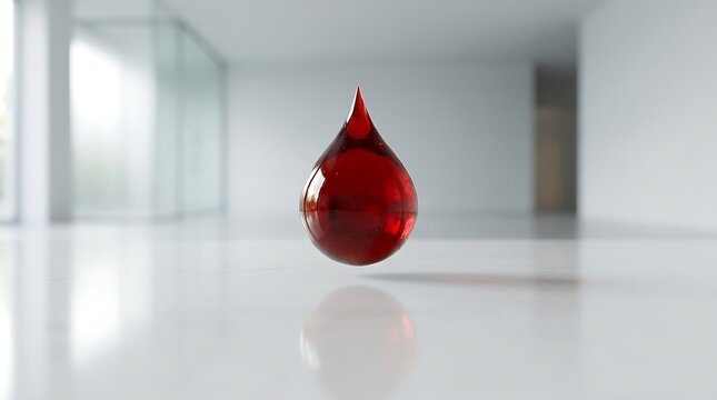 A solitary, glowing red blood drop hovers suspended in a pristine, bright environment, symbolizing the vital gift of life and health that connects communities worldwide on World Blood Donor Day