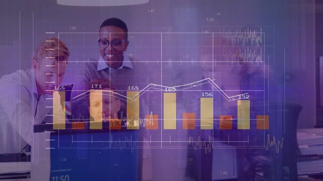 Chart overlay shifting and causing four colleagues to lean at monitors, reviewing business data