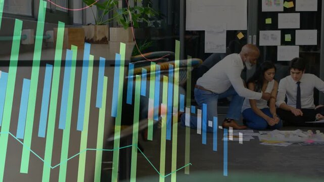 Animated data bars sweeping left, revealing lead kneeling guiding team, sorting pages for design