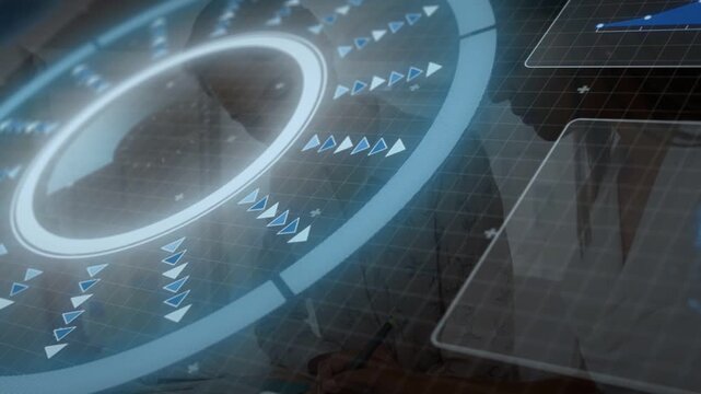 Holo tech UI activating over grid, central ring rotating, arrows pulsing, globe showing system data