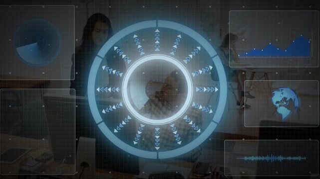 HUD activating in tech office while three colleagues observing rings, charts, monitoring metrics