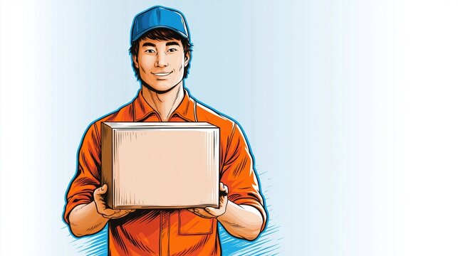 Pop art comic illustration of Asian courier holding cardboard delivery box