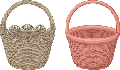 Obraz premium Woven basket set with natural wicker and plastic bucket style baskets isolated on white background for storage shopping and home organization concepts