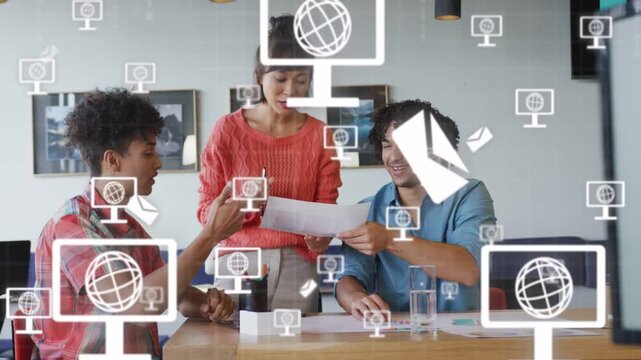 Woman holding docs left man raising cell causing digital icons rising in biz collab team sorting