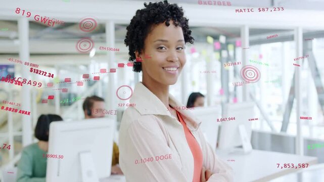 Woman in office turning, smiling as camera moving closer, showing GWEI DOGE floating around her