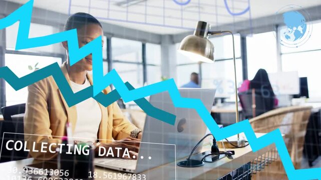 Woman typing on laptop at desk, causing data viz animating zigzag pie-chart settling for insight