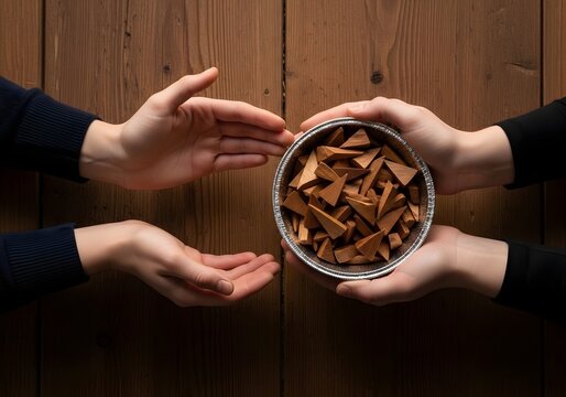 Generous hands offer delicious triangular chocolate pieces from a silver tin to receptive palms against a textured wooden surface, conveying sharing and hospitality in a warm, inviting overhead
