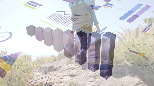 Mid-adult woman walking rocky rise, stepping forward initiating 3D bars growing for business
