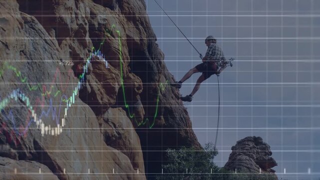 Climber operating rope, rappelling down sandstone to reach base while finance charts overlay rock